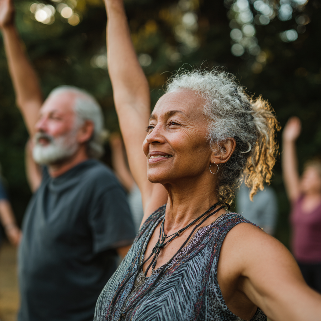 Diverse group of people of different ages practicing gentle movement exercises outdoors in a park setting with trees and natural environment