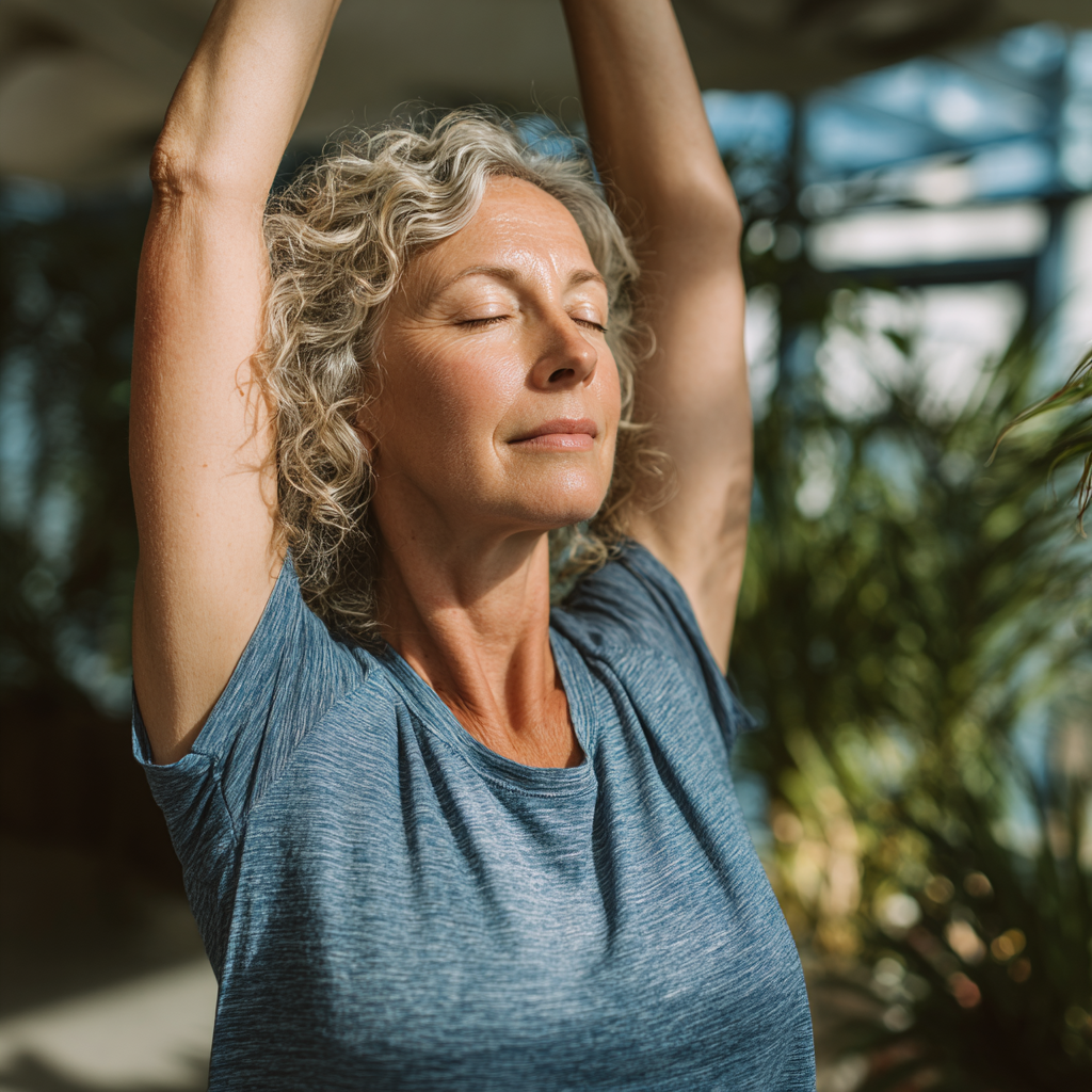 Middle-aged woman performing gentle stretching exercises in a bright, modern wellness center with natural lighting and plants in the background