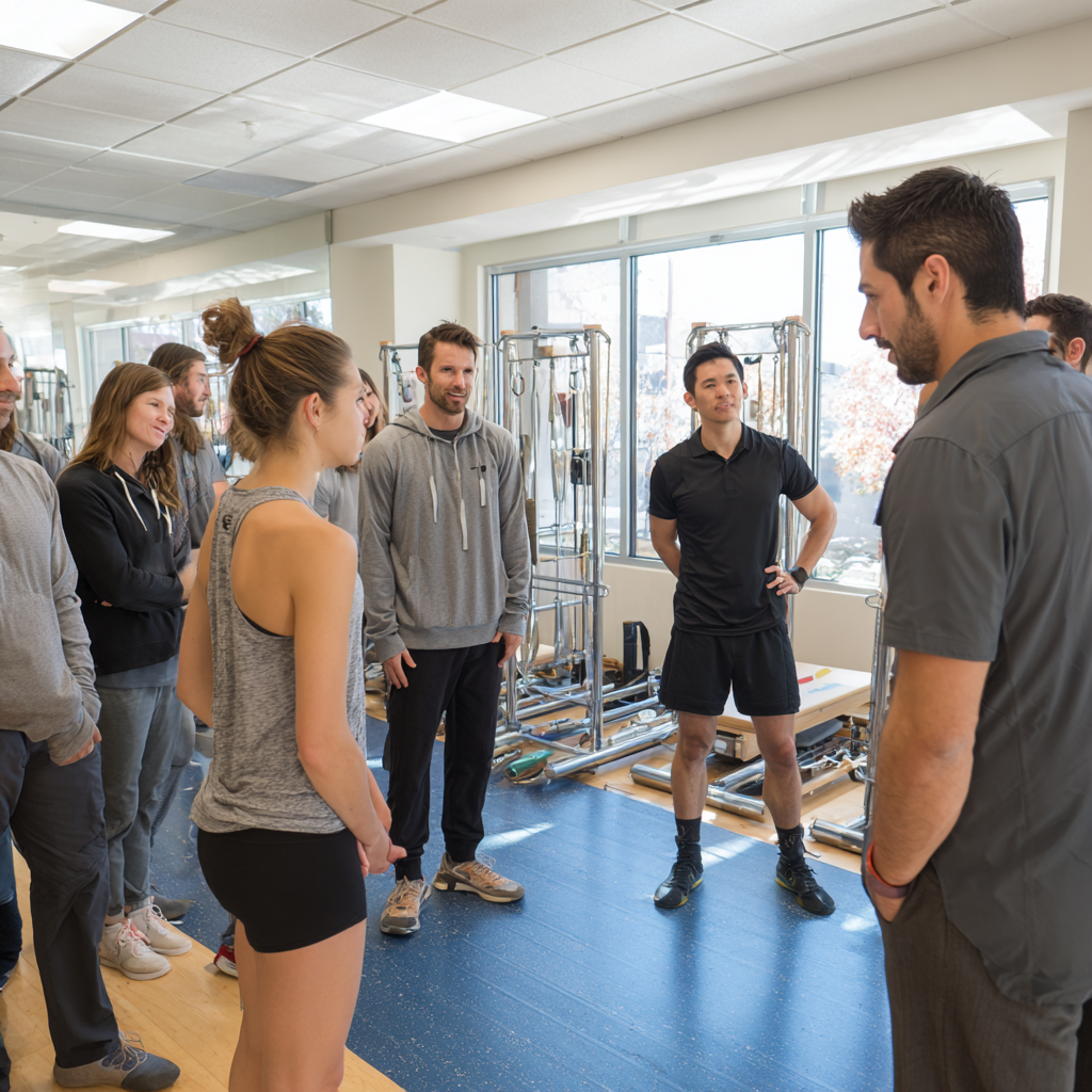 Professional instructor demonstrating proper body mechanics and posture techniques to a small group of attentive students in a bright educational setting